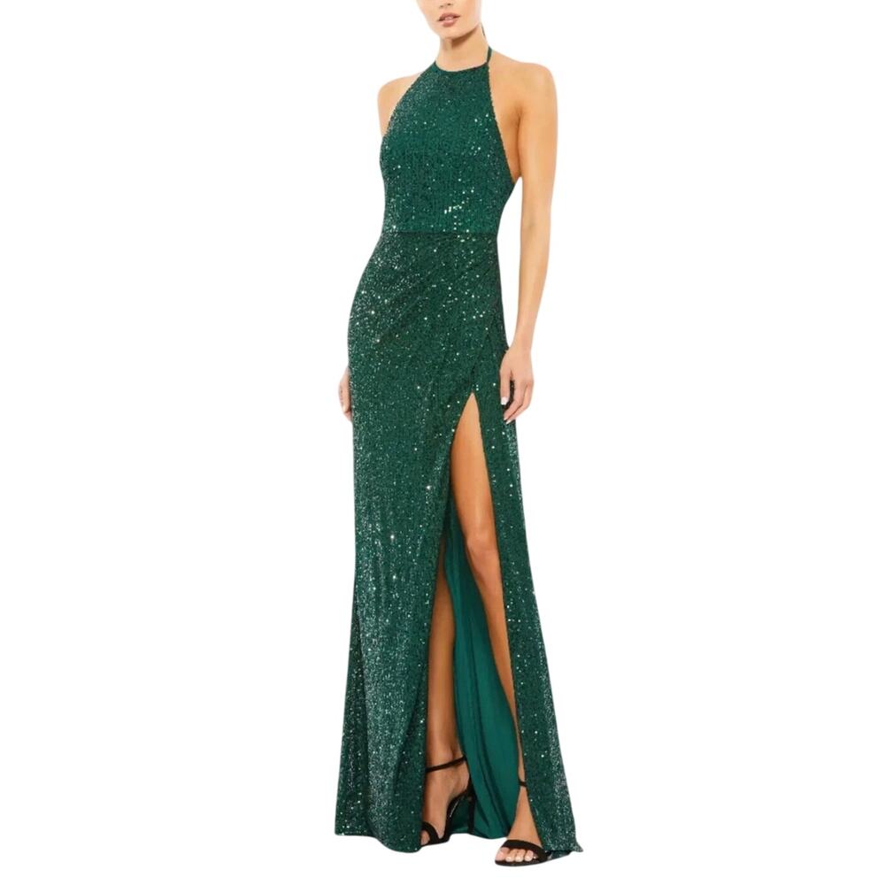 Mac Duggal 26622 Green Evening Gown Sequin Backless Halter Column Dress Size 14